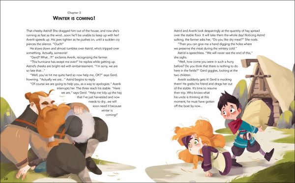 Book cover of A Day with the Vikings, Avery Everywhere, with two children in a wooden boat with shields, sailing on the sea. Published by White Star.