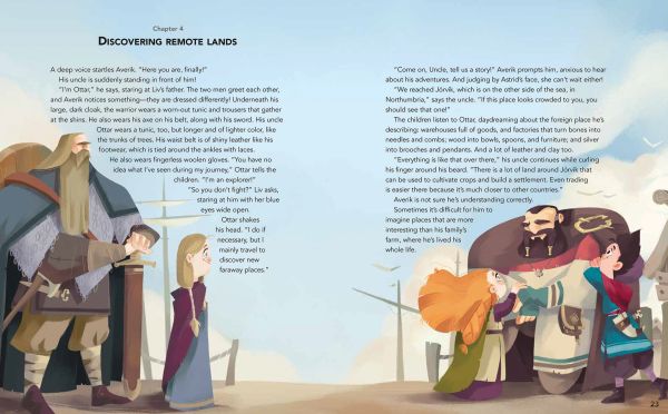 Book cover of A Day with the Vikings, Avery Everywhere, with two children in a wooden boat with shields, sailing on the sea. Published by White Star.