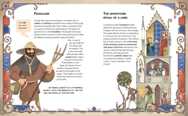 Book cover of A Day in the Middle Ages, with two children,: one playing a lute, among medieval ruins. Published by White Star.