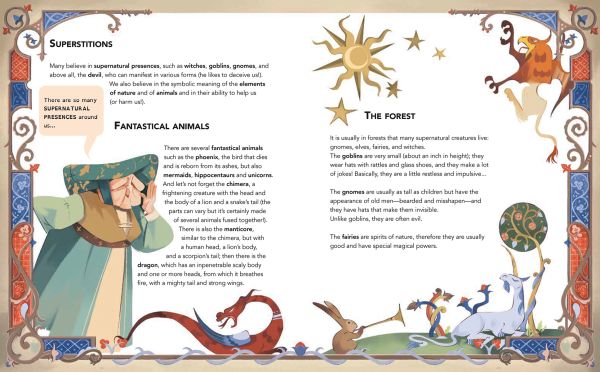 Book cover of A Day in the Middle Ages, with two children,: one playing a lute, among medieval ruins. Published by White Star.