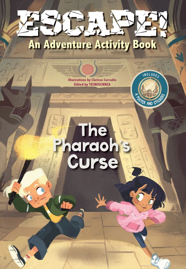 Book cover of Escape! An Adventure Activity Book: The Pharaoh's Curse, with two children: one holding a lit torch, running away from an Egyptian temple. Published by White Star.