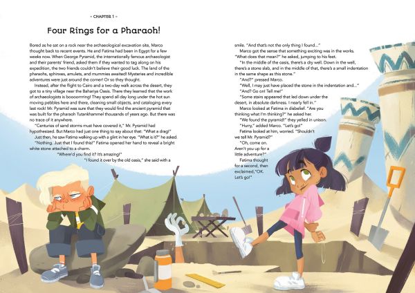 Book cover of Escape! An Adventure Activity Book: The Pharaoh's Curse, with two children: one holding a lit torch, running away from an Egyptian temple. Published by White Star.