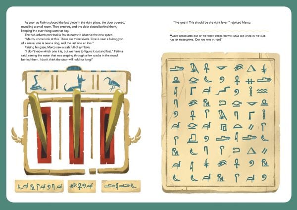 Book cover of Escape! An Adventure Activity Book: The Pharaoh's Curse, with two children: one holding a lit torch, running away from an Egyptian temple. Published by White Star.