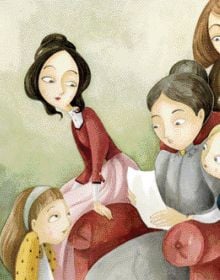 Book cover of Little Women, From the Masterpiece by Louisa May Alcott, with the four March sisters: Jo, Meg, Beth, and Amy, beneath rose tree. Published by White Star.