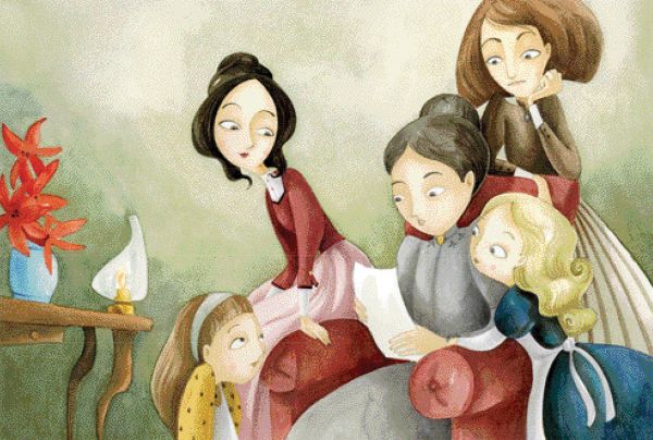 Book cover of Little Women, From the Masterpiece by Louisa May Alcott, with the four March sisters: Jo, Meg, Beth, and Amy, beneath rose tree. Published by White Star.