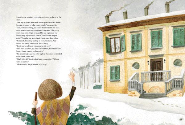 Book cover of Little Women, From the Masterpiece by Louisa May Alcott, with the four March sisters: Jo, Meg, Beth, and Amy, beneath rose tree. Published by White Star.