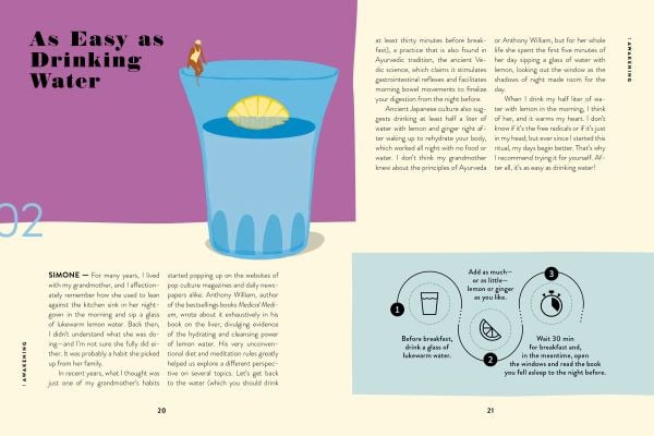 Book cover of 7 Daily Rituals For Gratitude, with a person holding bouquet of flowers in front of face, with birds, a clock and a heart. Published by White Star.