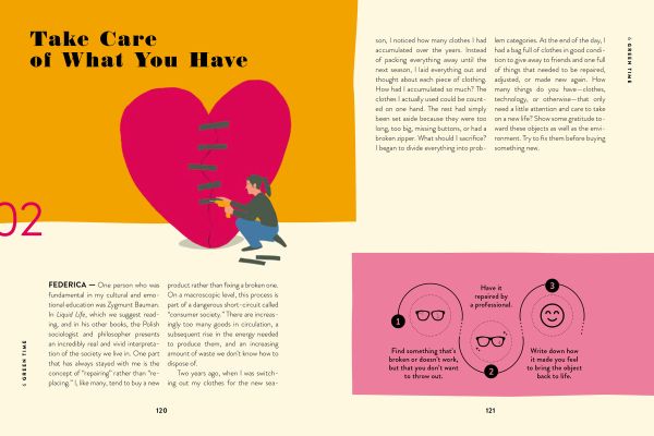 Book cover of 7 Daily Rituals For Gratitude, with a person holding bouquet of flowers in front of face, with birds, a clock and a heart. Published by White Star.