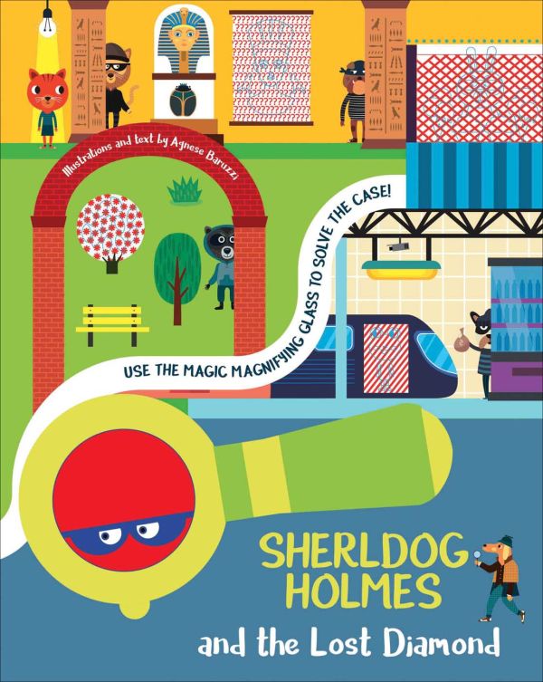 Book cover of Sherldog Holmes and the Lost Diamond, with villain dogs hiding behind walls and pillars. Published by White Star.