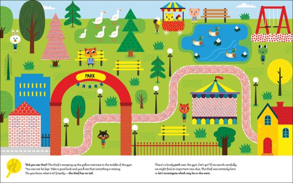 Book cover of Sherldog Holmes and the Lost Diamond, with villain dogs hiding behind walls and pillars. Published by White Star.