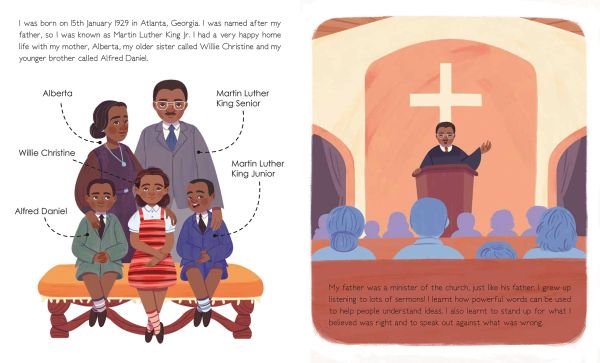 Book cover of Martin Luther King Jr. from the Genius, with the civil rights leader holding a speech at a platform with microphones. Published by White Star.