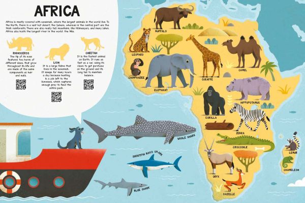 Book cover of My First Atlas of the Animals, with the African continent with grey elephant and gorilla. Published by White Star.