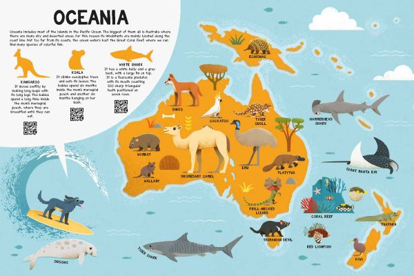 Book cover of My First Atlas of the Animals, with the African continent with grey elephant and gorilla. Published by White Star.