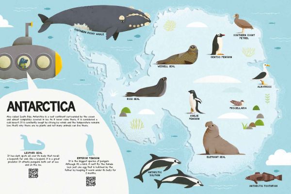 Book cover of My First Atlas of the Animals, with the African continent with grey elephant and gorilla. Published by White Star.