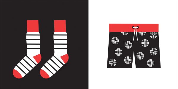 Book cover of Let's Get Dressed, Baby Montessori, with a black and white patterned skirt, black trainer, and a white t-shirt with black cat on front. Published by White Star.