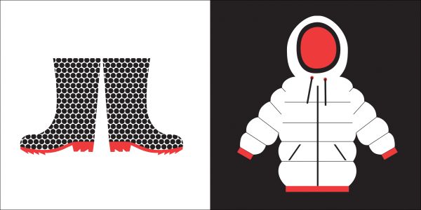 Book cover of Let's Get Dressed, Baby Montessori, with a black and white patterned skirt, black trainer, and a white t-shirt with black cat on front. Published by White Star.