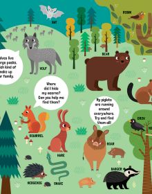 Book cover of My Huge Book of Animals, with a lion, giraffe, baboon, rhino, wild boar, and porcupine. Published by White Star.