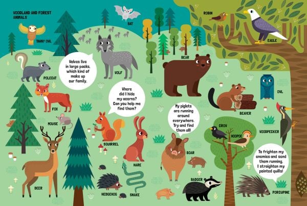 Book cover of My Huge Book of Animals, with a lion, giraffe, baboon, rhino, wild boar, and porcupine. Published by White Star.