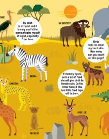 Book cover of My Huge Book of Animals, with a lion, giraffe, baboon, rhino, wild boar, and porcupine. Published by White Star.
