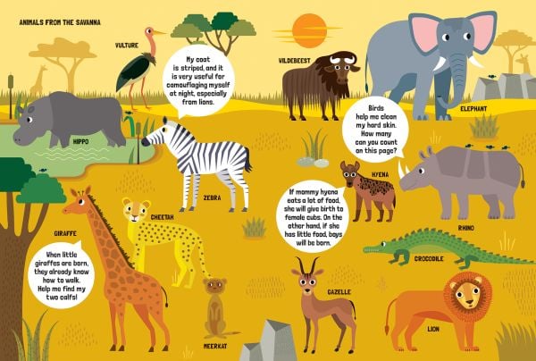 Book cover of My Huge Book of Animals, with a lion, giraffe, baboon, rhino, wild boar, and porcupine. Published by White Star.