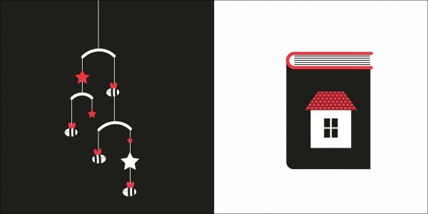 Book cover of At Home, Baby Montessori, with a red duck, toothpaste, toothbrush, cup and spoon. Published by White Star.