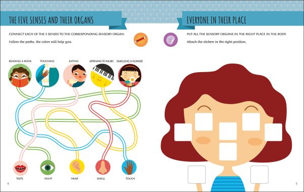 Book cover of My First Book about the Five Senses, Montessori Activity Book, with a hand, ear, eye open mouth and nose, food and musical instruments. Published by White Star.