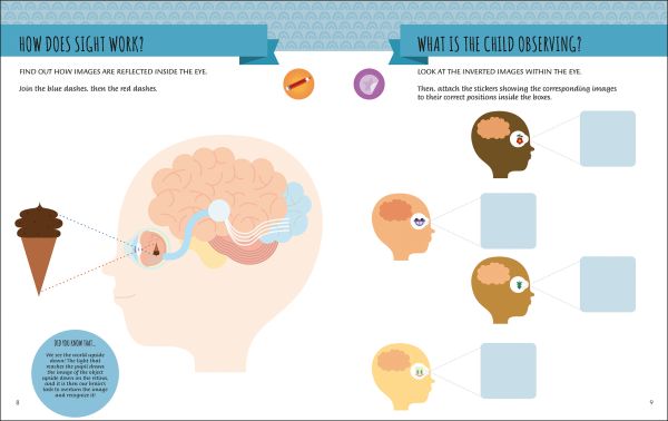 Book cover of My First Book about the Five Senses, Montessori Activity Book, with a hand, ear, eye open mouth and nose, food and musical instruments. Published by White Star.