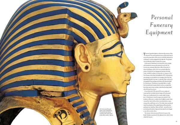 Book cover of Tutankhamun, with a close-up of the eyes of the golden statue of the Egyptian Pharaoh; Falcon Pectoral below. Published by White Star.