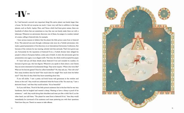 Book cover of The Little Prince, with boy holding a fox, surrounded by decorative border with snakes. Published by White Star.