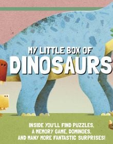 Book cover of My Little Box of Dinosaurs, with a triceratops and diplodocus. Published by White Star.