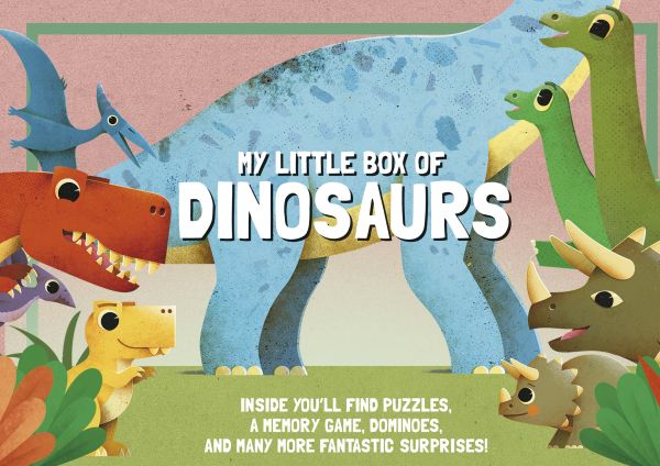 Book cover of My Little Box of Dinosaurs, with a triceratops and diplodocus. Published by White Star.