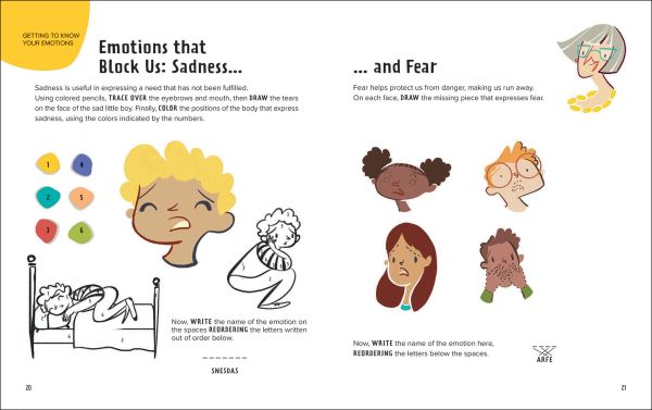 Book cover of Emotions: Feeling, with three children: one happy, one sad, one angry. Published by White Star.