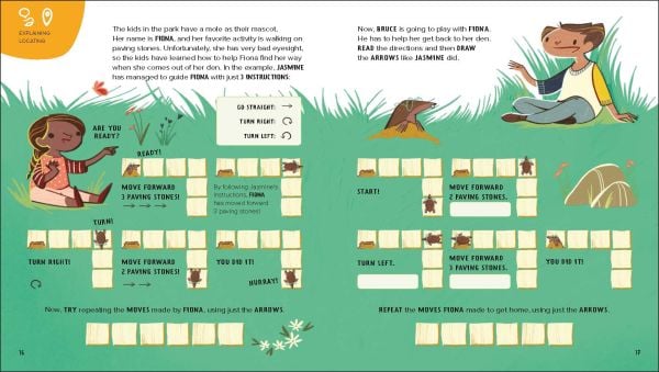 Book cover of Math is Everywhere: Reasoning, with three children: one running with a set square, one holding a cake, and one holding a butterfly net. Published by White Star.