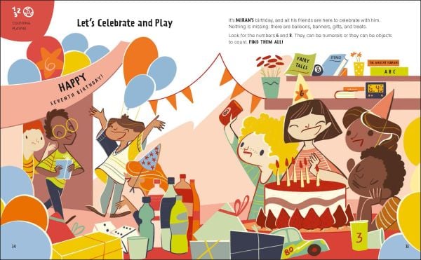 Book cover of Math is Everywhere: Reasoning, with three children: one running with a set square, one holding a cake, and one holding a butterfly net. Published by White Star.