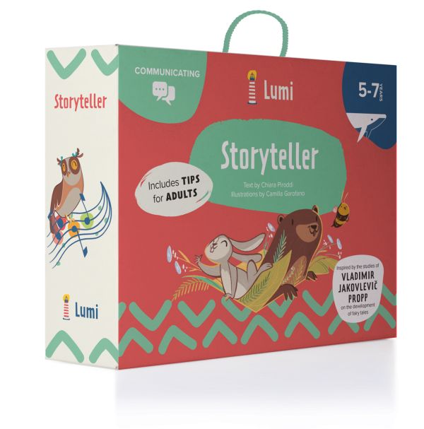 Activity box of Storyteller: Communicating, with a grey rabbit, a brown bear and a bumble bee. Published by White Star.