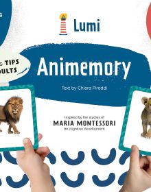 Two game cards: one with lion, one with a lion cub, on activity box of 'Animemory: Thinking', by White Star.
