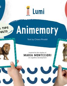 Activity box of Animemory: Thinkin, with two game cards: one with lion, one with a lion cub. Published by White Star.