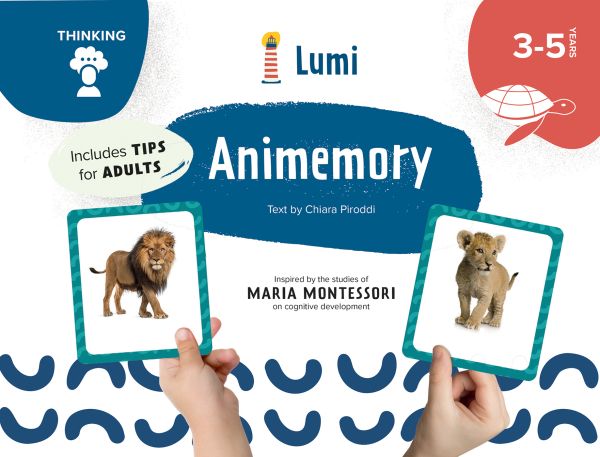 Activity box of Animemory: Thinkin, with two game cards: one with lion, one with a lion cub. Published by White Star.
