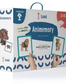 Two game cards: one with lion, one with a lion cub, on activity box of 'Animemory: Thinking', by White Star.