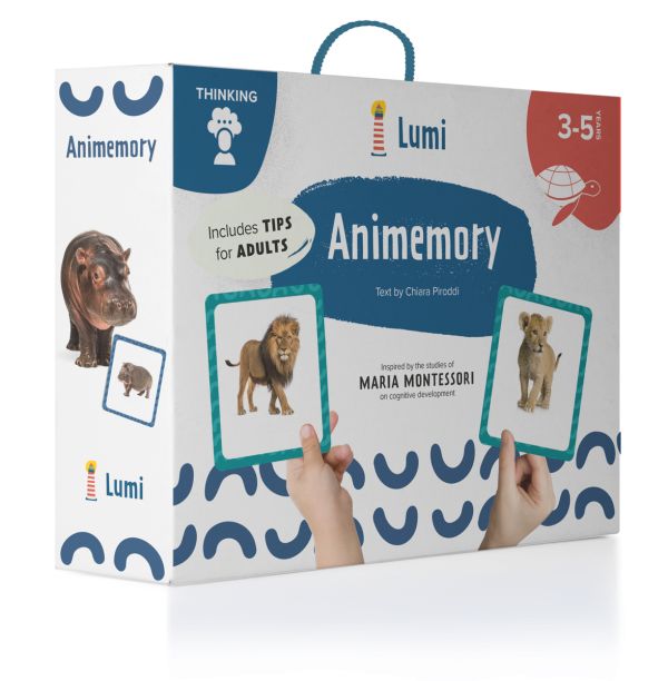 Activity box of Animemory: Thinkin, with two game cards: one with lion, one with a lion cub. Published by White Star.