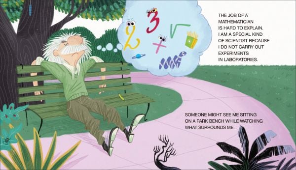 Book cover of Albert Einstein and his General Theory, Mini Genius, with a man with wild white hair and beard surrounded by numbers with eyes. Published by White Star.