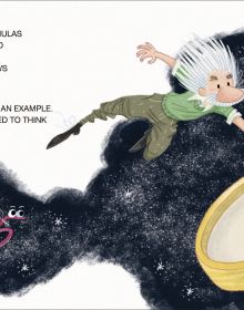 Book cover of Albert Einstein and his General Theory, Mini Genius, with a man with wild white hair and beard surrounded by numbers with eyes. Published by White Star.