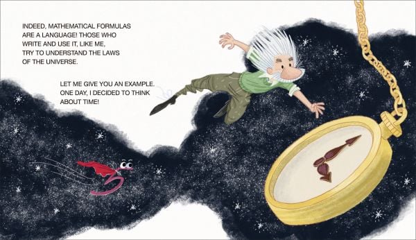 Book cover of Albert Einstein and his General Theory, Mini Genius, with a man with wild white hair and beard surrounded by numbers with eyes. Published by White Star.