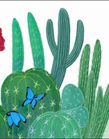 Book cover of Frida Kahlo and her Colorful World!, Mini Genius, with the Mexican artist in pink and gold dress, surrounded by parrots and butterflies. Published by White Star.