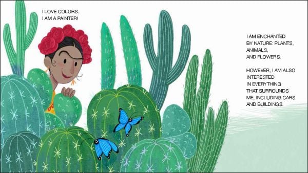 Book cover of Frida Kahlo and her Colorful World!, Mini Genius, with the Mexican artist in pink and gold dress, surrounded by parrots and butterflies. Published by White Star.