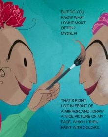 Book cover of Frida Kahlo and her Colorful World!, Mini Genius, with the Mexican artist in pink and gold dress, surrounded by parrots and butterflies. Published by White Star.