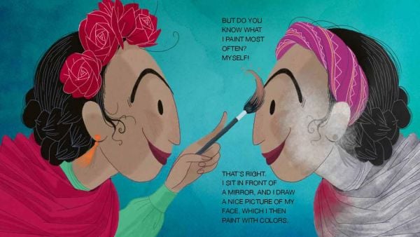 Book cover of Frida Kahlo and her Colorful World!, Mini Genius, with the Mexican artist in pink and gold dress, surrounded by parrots and butterflies. Published by White Star.