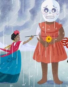 Book cover of Frida Kahlo and her Colorful World!, Mini Genius, with the Mexican artist in pink and gold dress, surrounded by parrots and butterflies. Published by White Star.