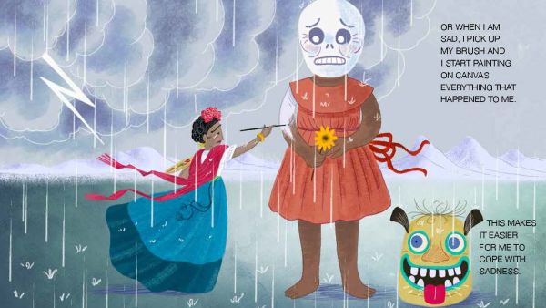 Book cover of Frida Kahlo and her Colorful World!, Mini Genius, with the Mexican artist in pink and gold dress, surrounded by parrots and butterflies. Published by White Star.