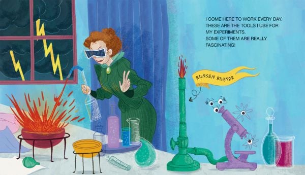 Book cover of Marie Curie and Her Energetic Discovery, Mini Genius, with a woman with ginger hair tied up in a bun, wearing a long green dress, and holding glass flask. Published by White Star.